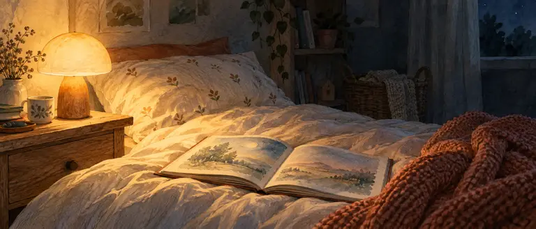 A warm mushroom lamp on a nightstand lighting an open picture book on a duvet, the rest of the room in soft shadow